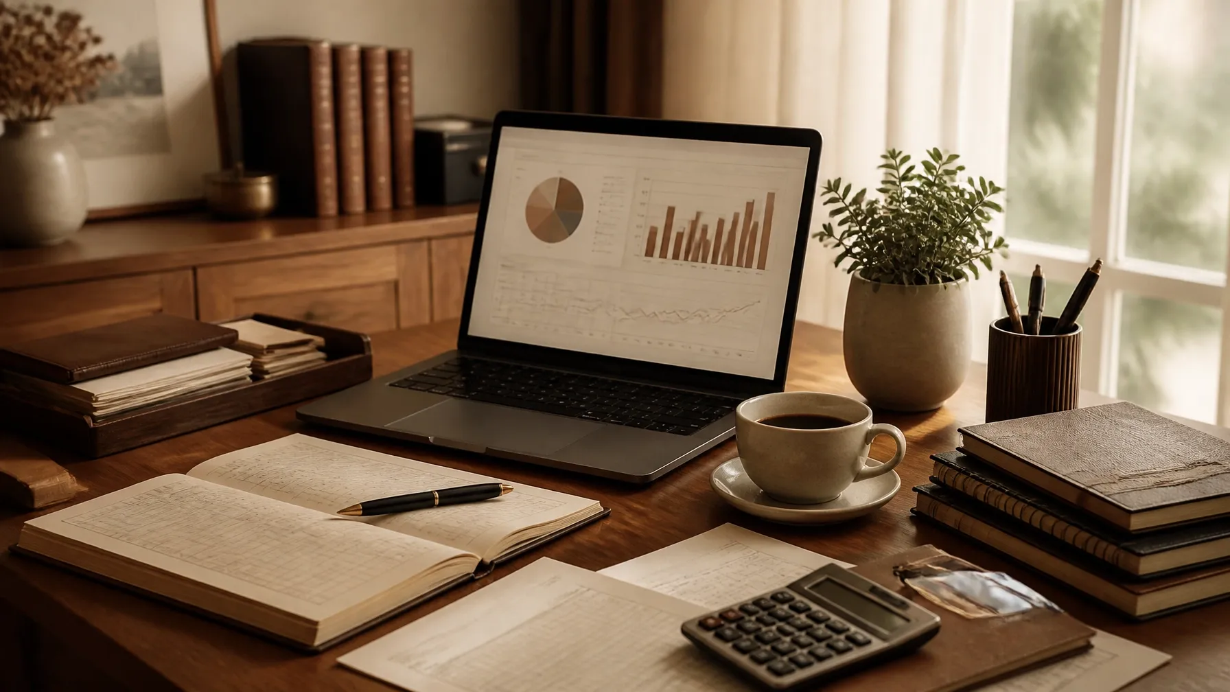 A calm, organized bookkeeping workspace